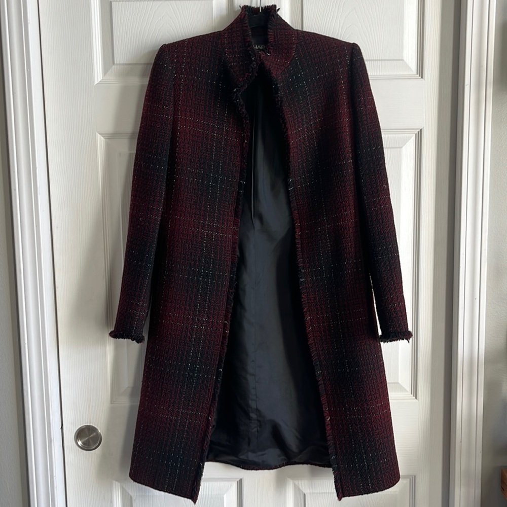 Tahari Wool Tweed Plaid Long Jacket with fringe accents‎ / SZ 2